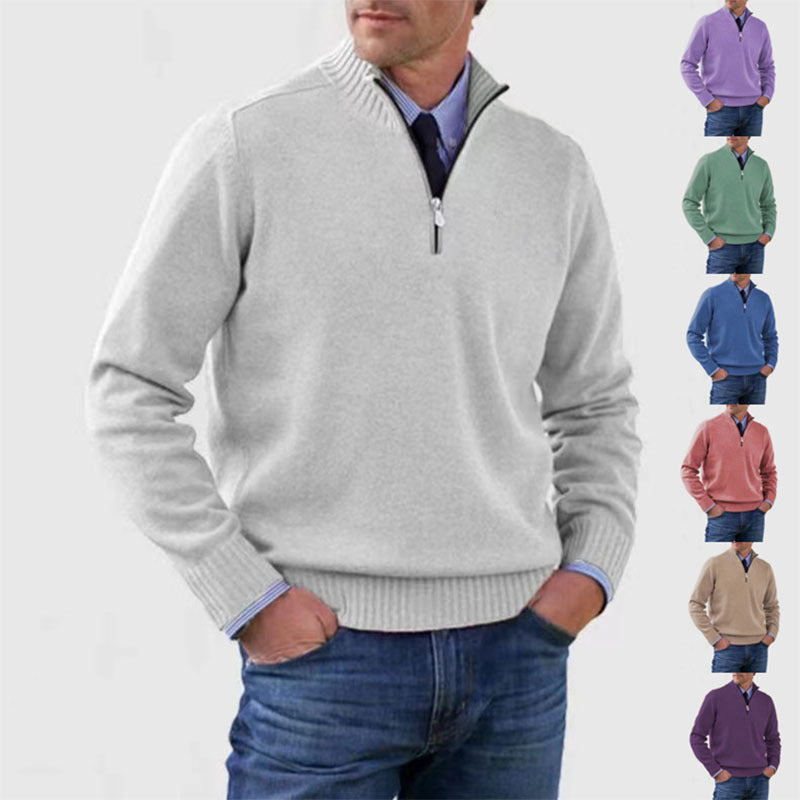 Herren Strickpullover mit Stehkragen und Reißverschluss – Wintermode, einfarbig, langarm